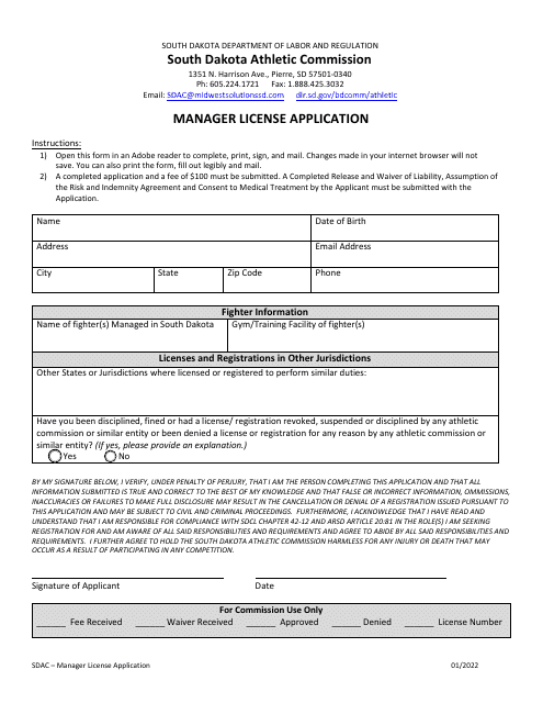 Manager License Application - South Dakota Download Pdf
