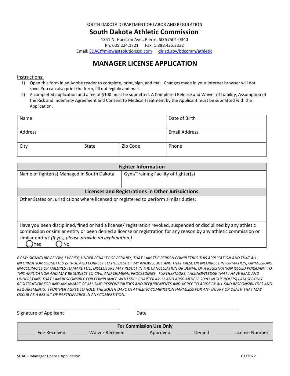 Manager License Application - South Dakota, Page 1