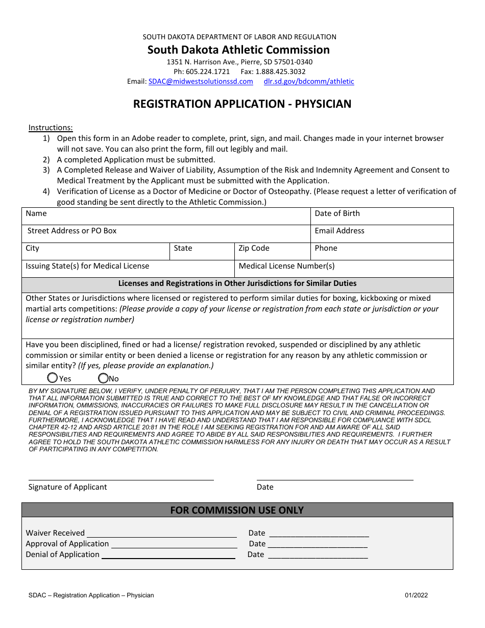 Registration Application - Physician - South Dakota, Page 1