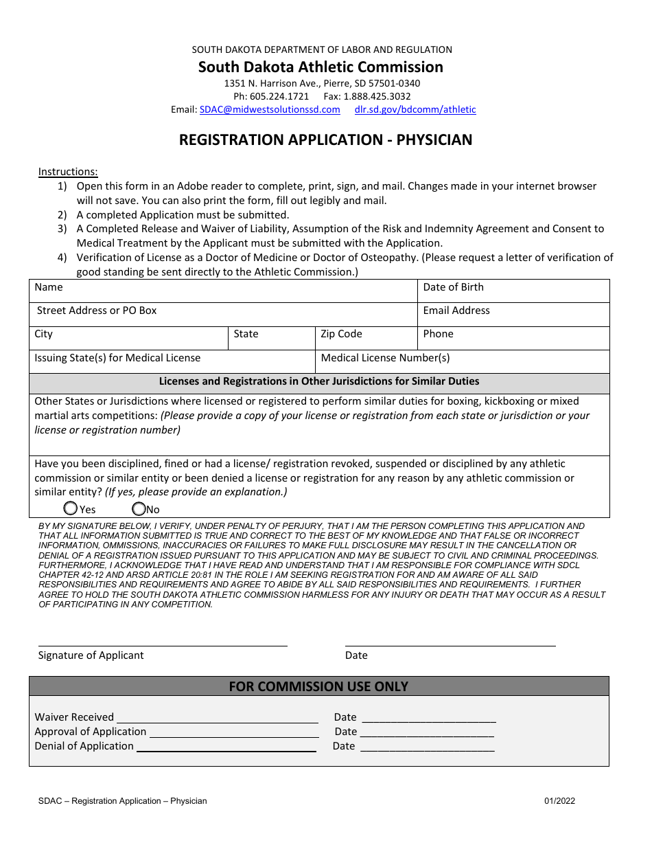 South Dakota Registration Application Physician Fill Out, Sign