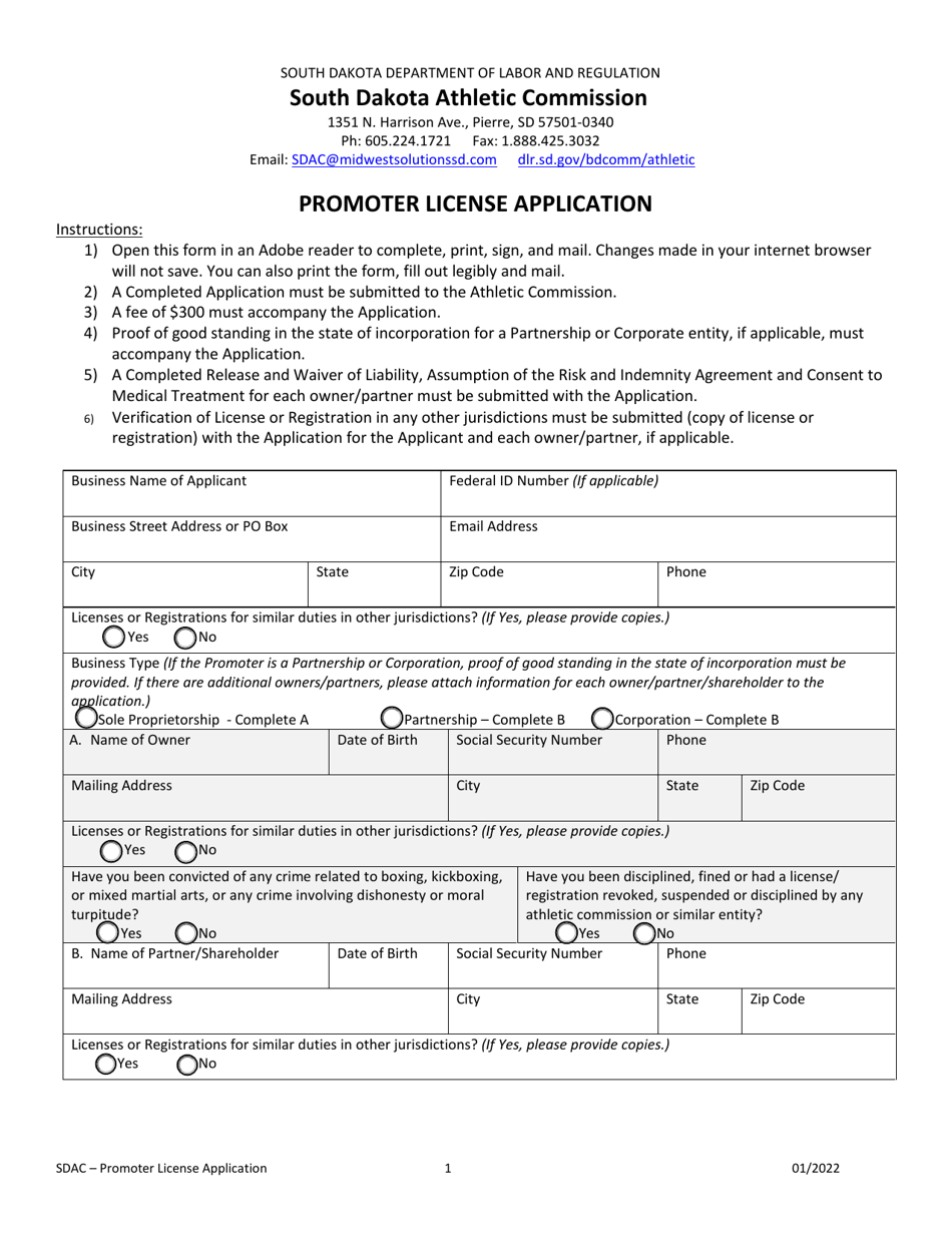Promoter License Application - South Dakota, Page 1