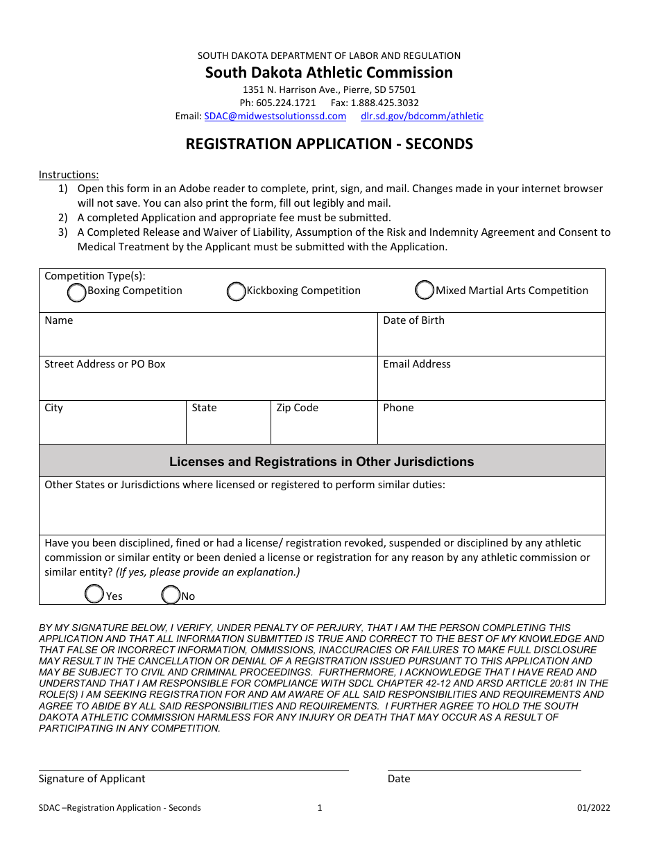 Registration Application - Seconds - South Dakota, Page 1