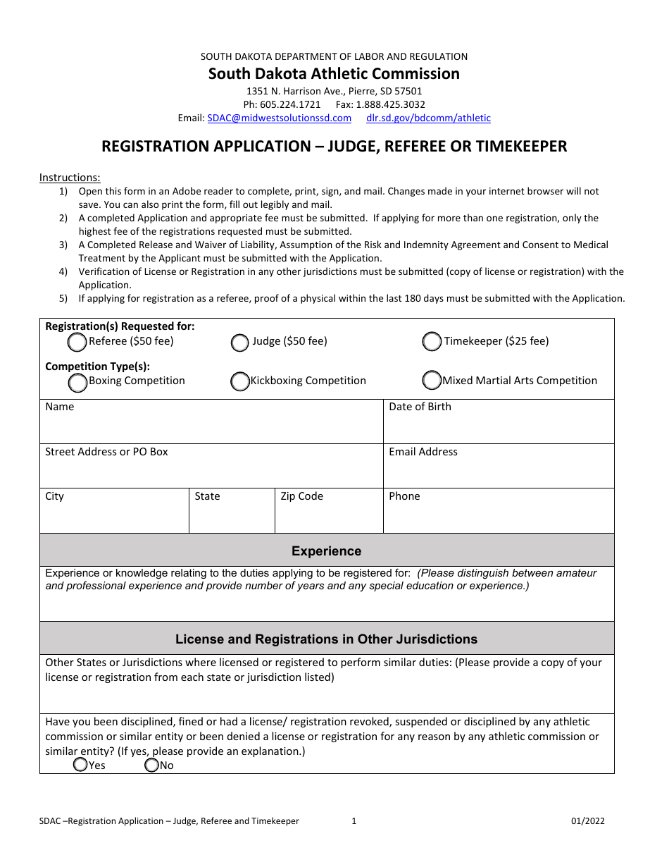Registration Application - Judge, Referee or Timekeeper - South Dakota, Page 1