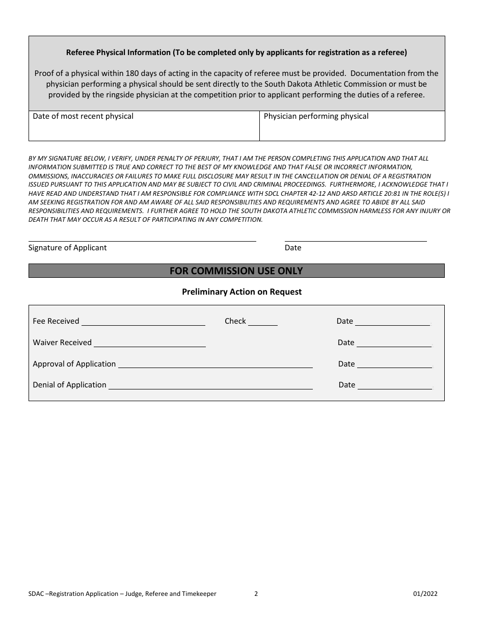 Registration Application - Judge, Referee or Timekeeper - South Dakota, Page 2