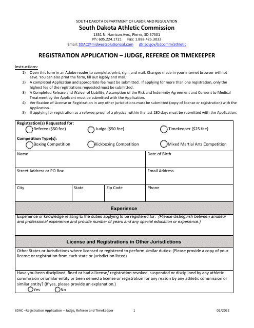 Registration Application - Judge, Referee or Timekeeper - South Dakota Download Pdf