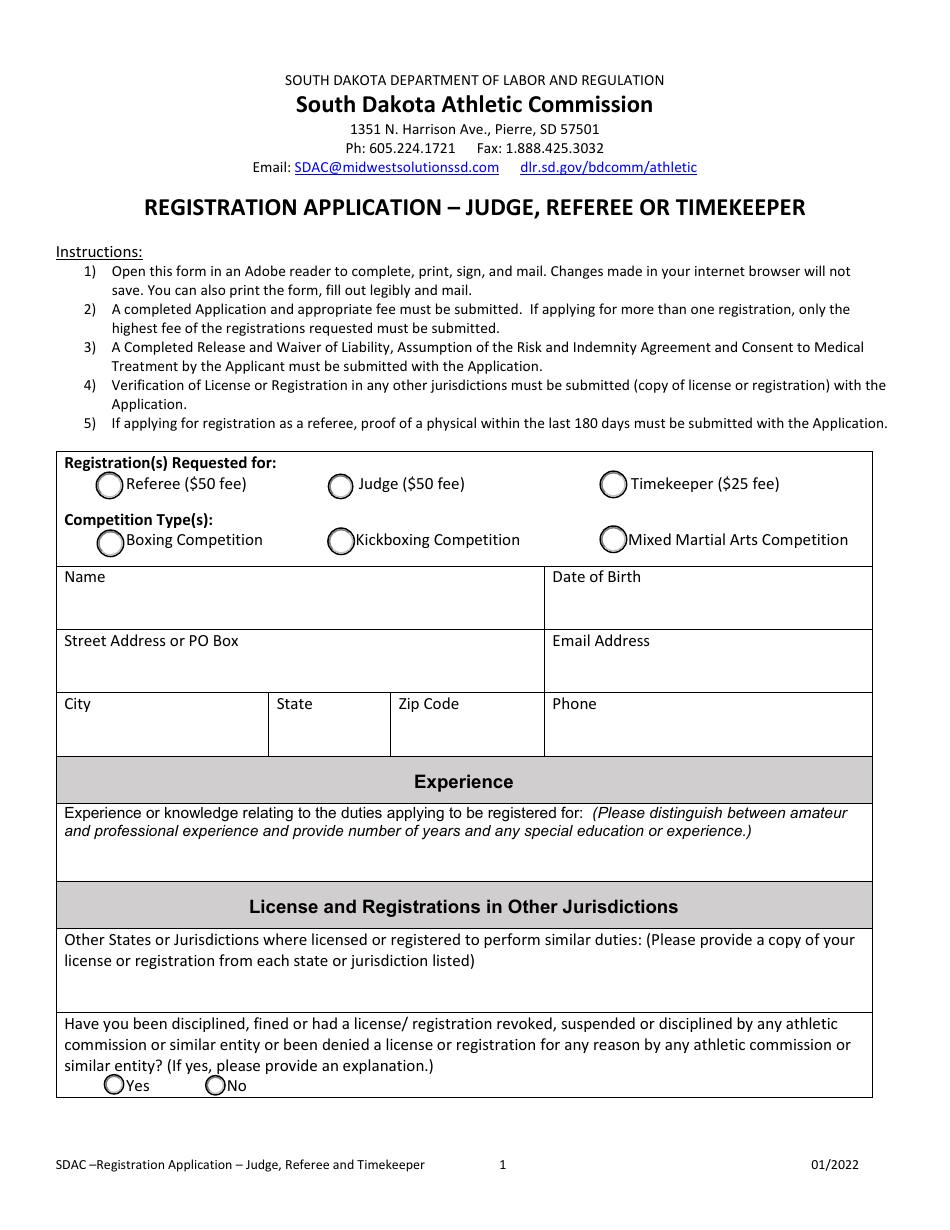 South Dakota Registration Application Judge, Referee or Timekeeper
