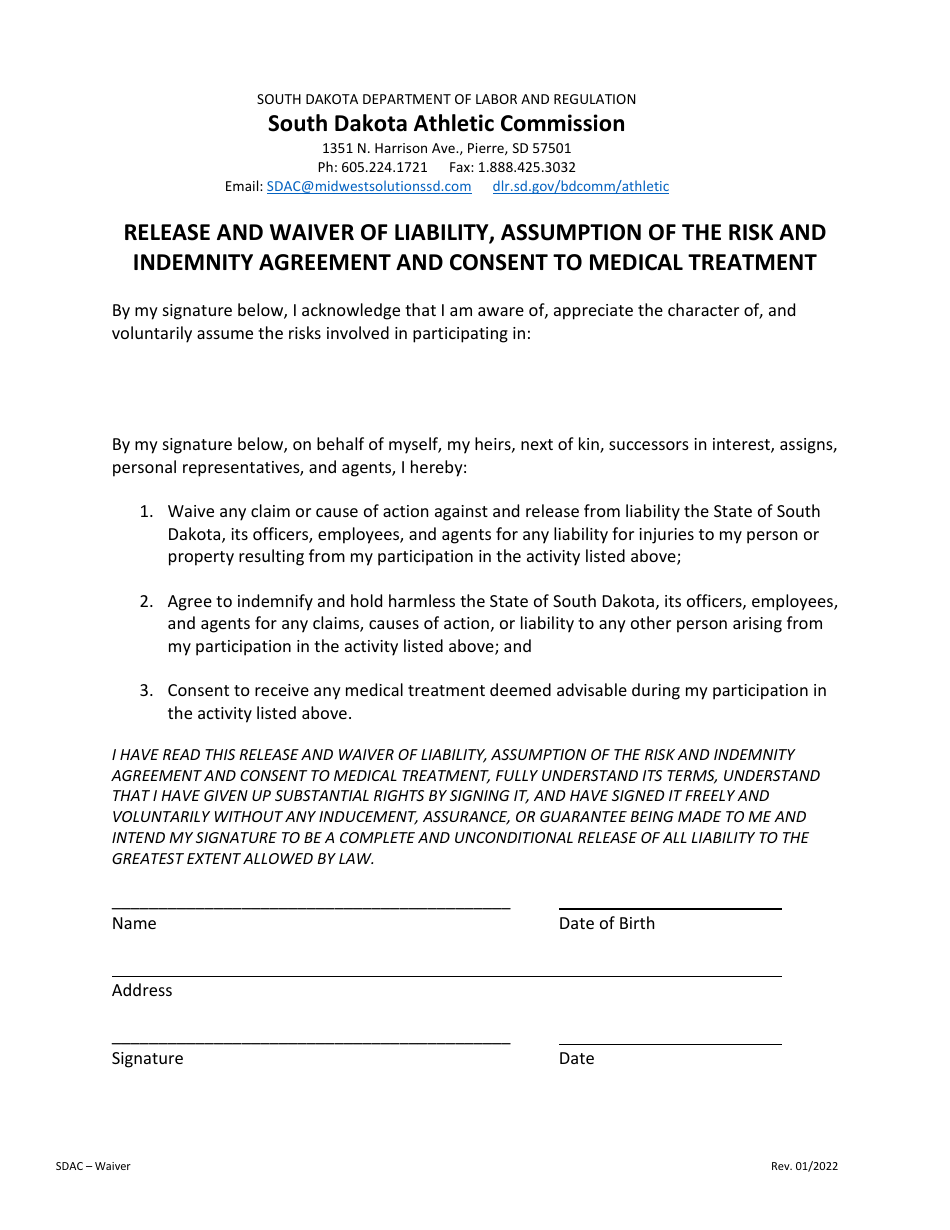 Release and Waiver of Liability, Assumption of the Risk and Indemnity Agreement and Consent to Medical Treatment - South Dakota, Page 1