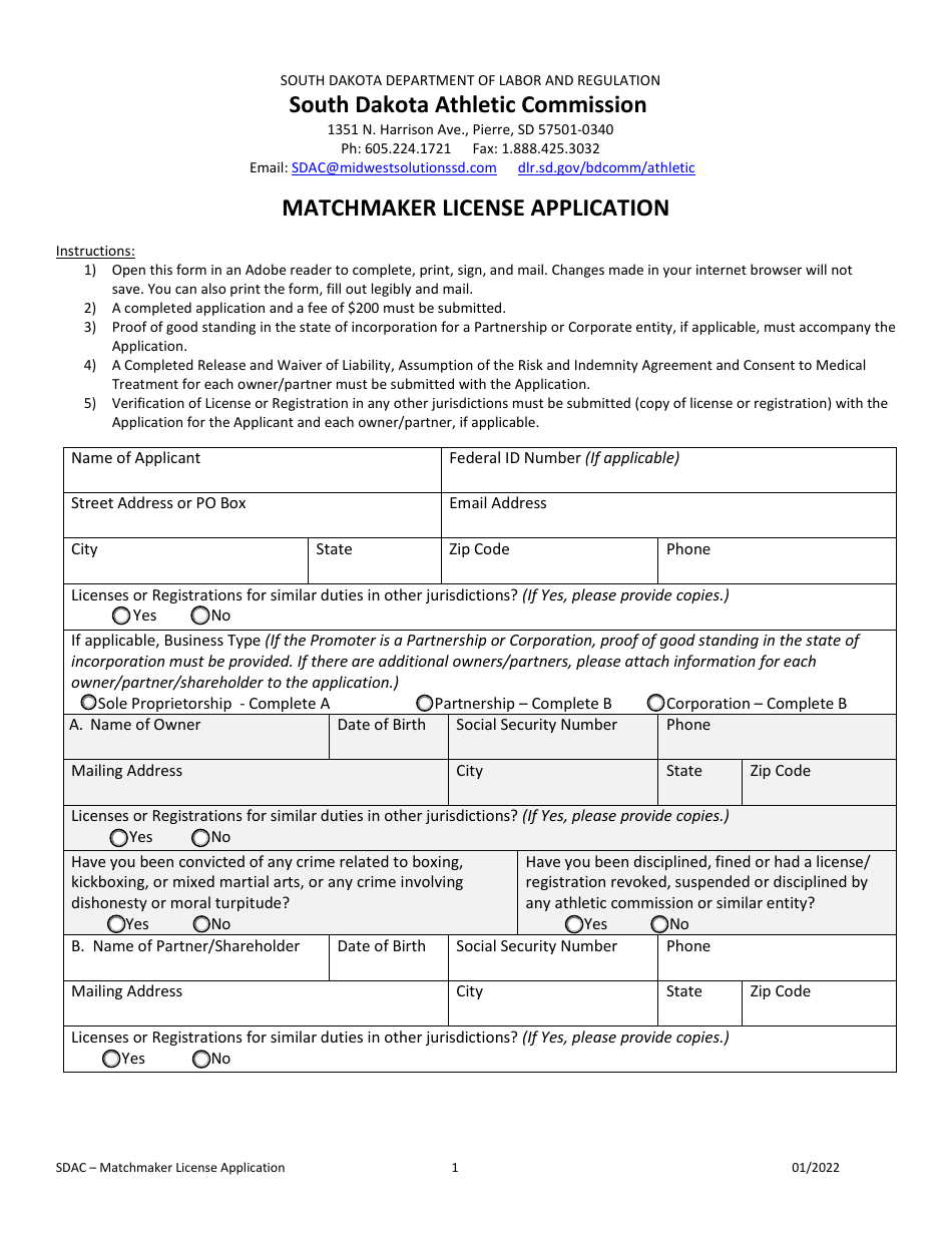 South Dakota Matchmaker License Application - Fill Out, Sign Online and ...