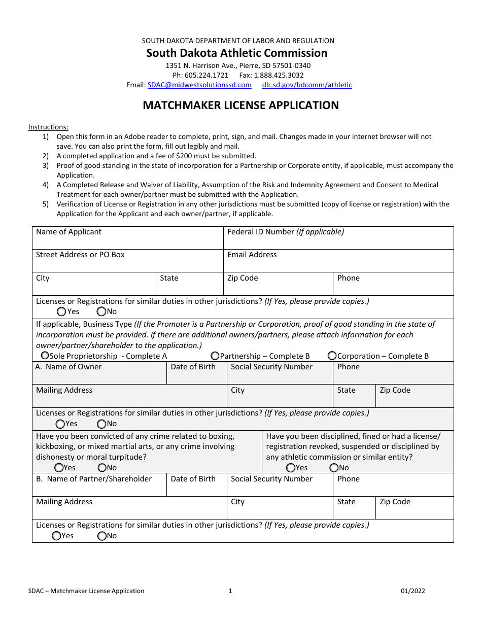 Matchmaker License Application - South Dakota, Page 1