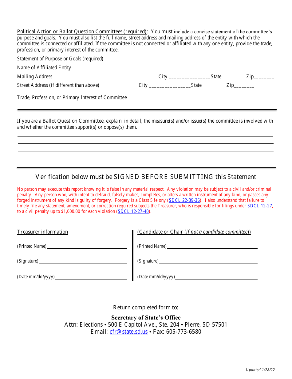 South Dakota Statement of Organization Judicial Candidate Committee