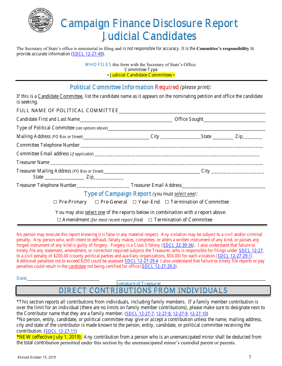 South Dakota Campaign Finance Disclosure Report Judicial Candidates