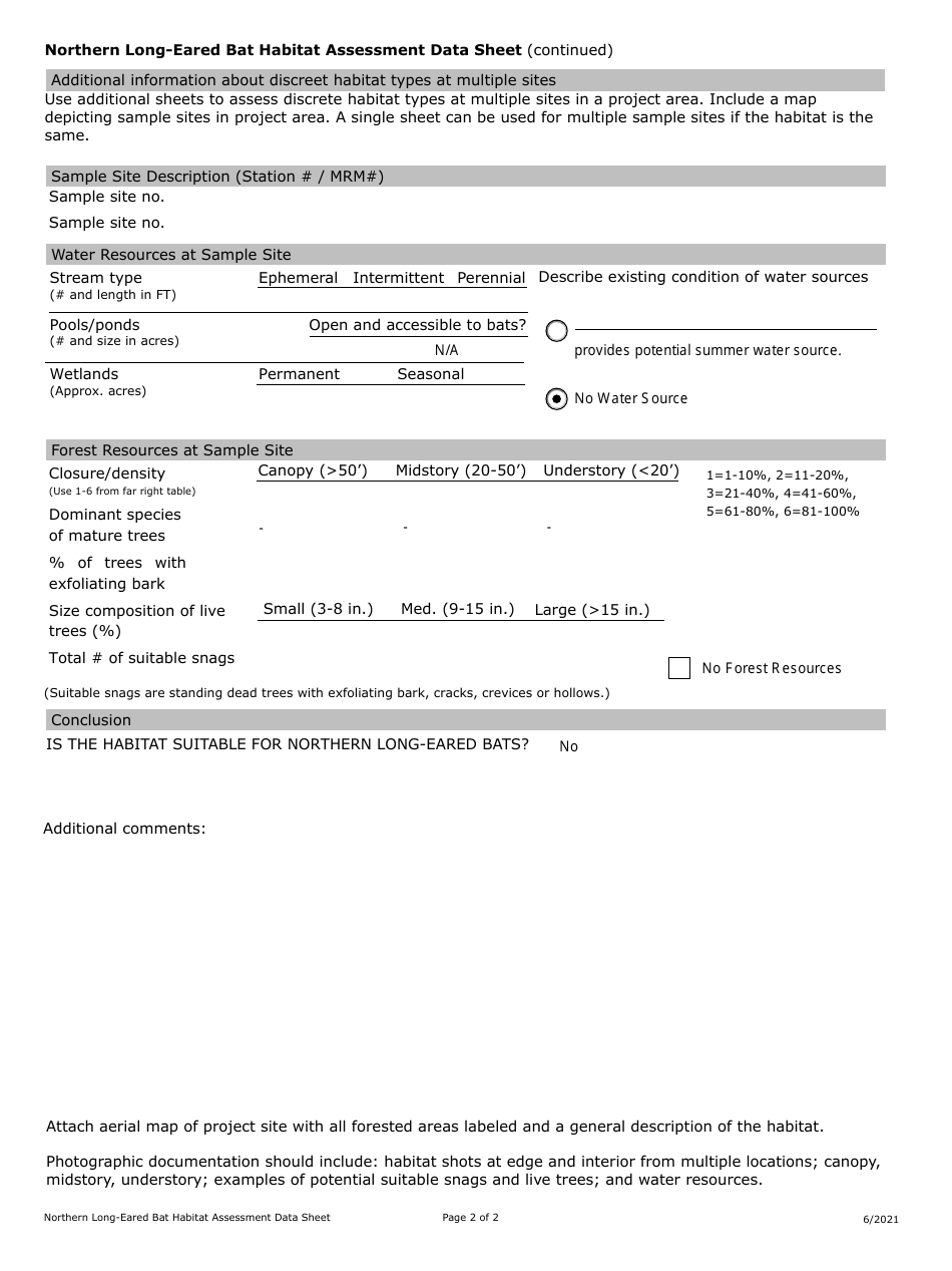 Phase I Summer Habitat Assessments - Northern Long-Eared Bat Habitat Assessment Data Sheet - North Dakota, Page 2
