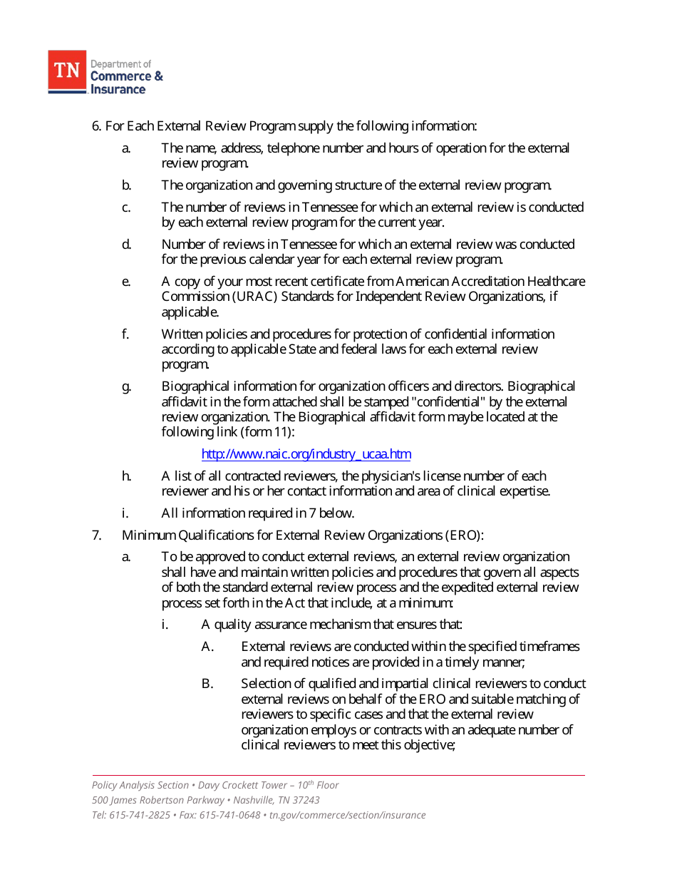 Part 120 External Review Organizations - Application for Approval - Tennessee, Page 3
