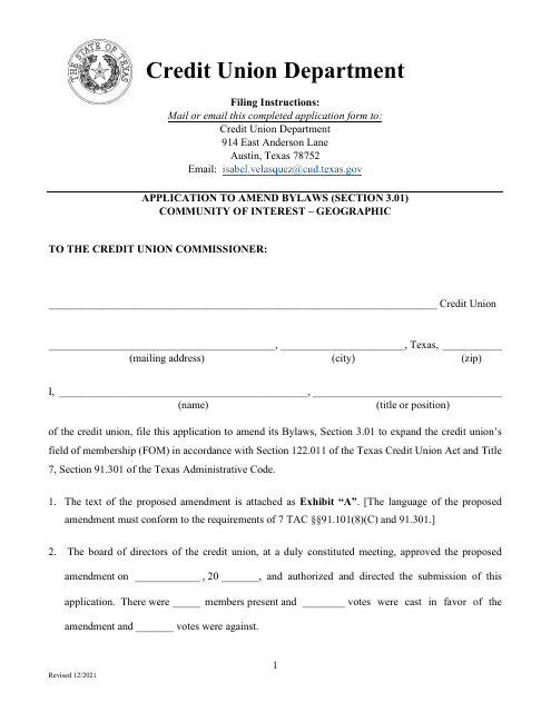 Application to Amend Bylaws (Section 3.01) Community of Interest - Geographic - Texas Download Pdf