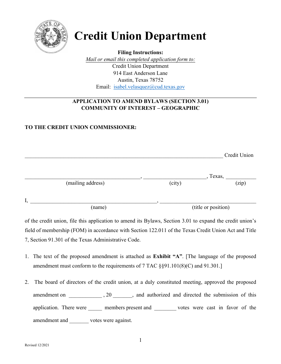 Application to Amend Bylaws (Section 3.01) Community of Interest - Geographic - Texas, Page 1