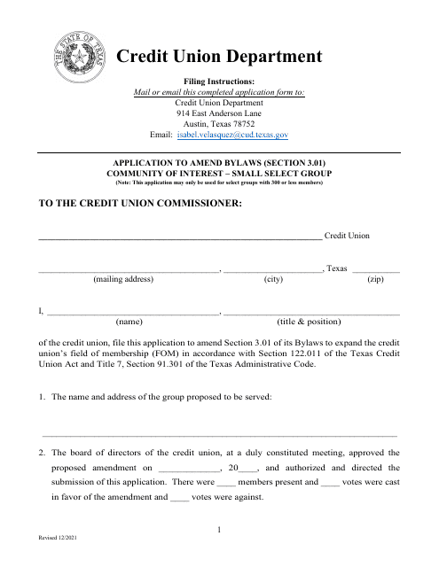 Application to Amend Bylaws (Section 3.01) Community of Interest - Small Select Group - Texas Download Pdf