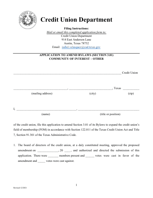 Application to Amend Bylaws (Section 3.01) Community of Interest - Other - Texas Download Pdf