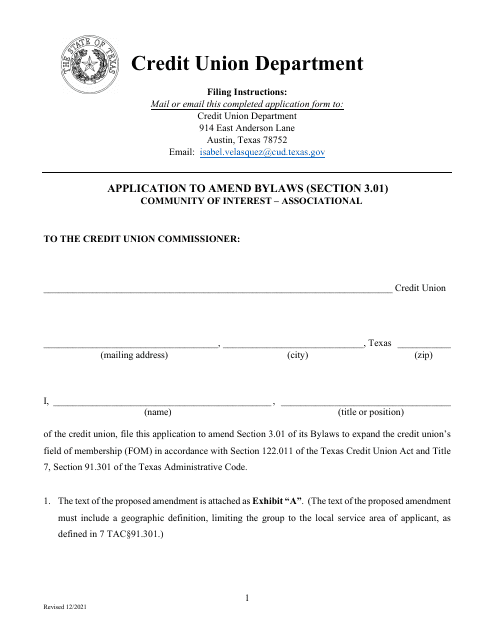 Application to Amend Bylaws (Section 3.01) Community of Interest - Associational - Texas Download Pdf