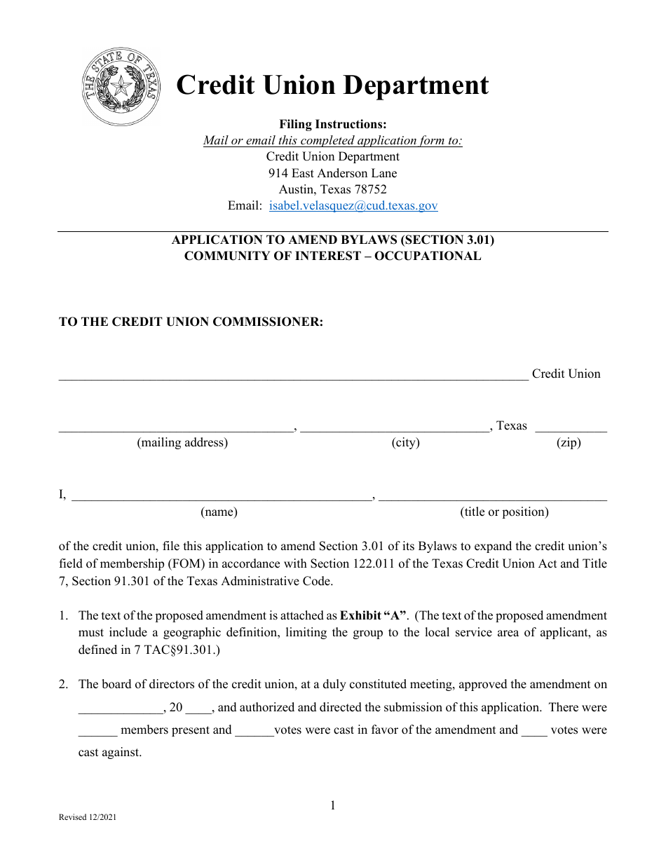 Application to Amend Bylaws (Section 3.01) Community of Interest - Occupational - Texas, Page 1