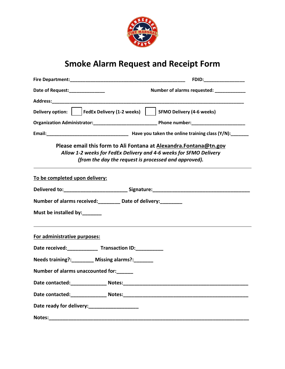Smoke Alarm Request and Receipt Form - Tennessee, Page 1