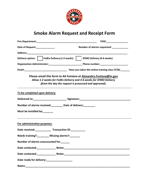 Smoke Alarm Request and Receipt Form - Tennessee