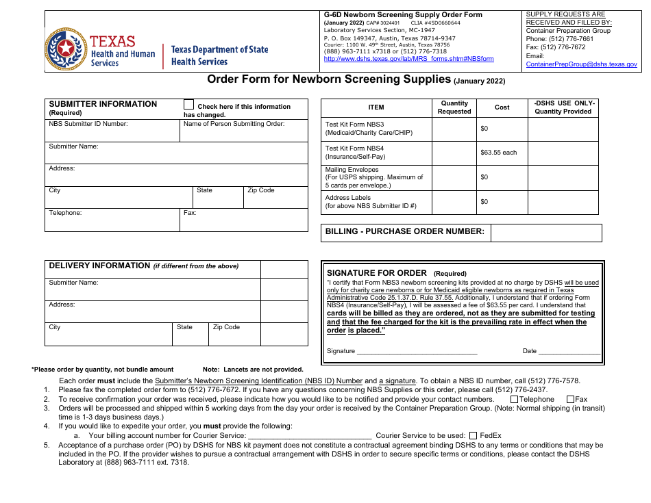 Form G-6D Order Form for Newborn Screening Supplies - Texas, Page 1