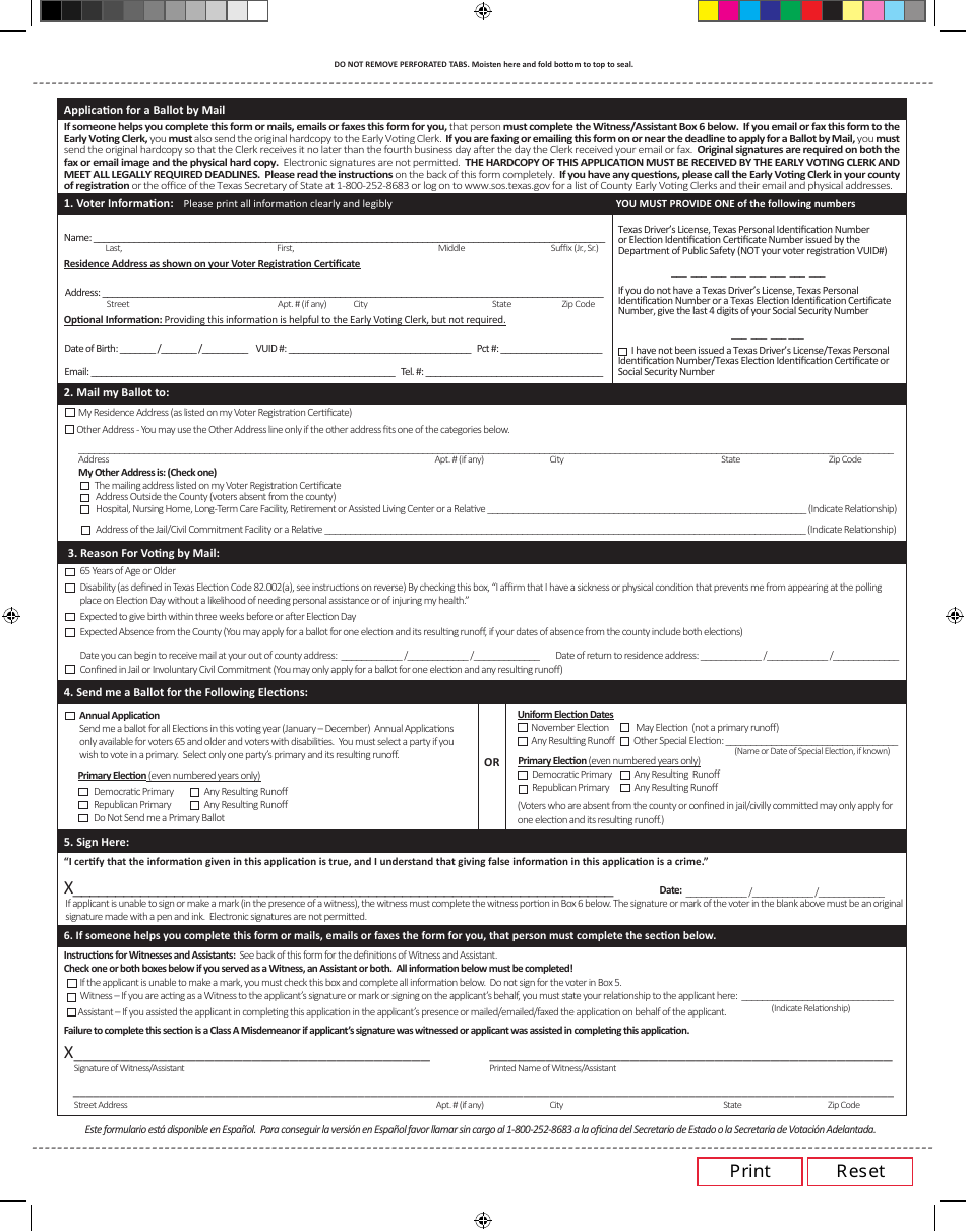 Application for a Ballot by Mail - Texas, Page 1