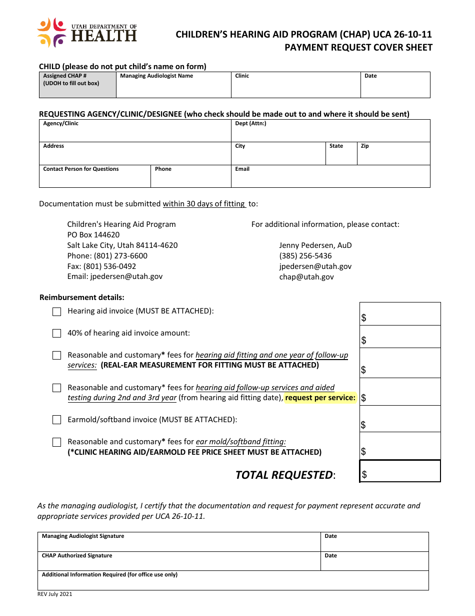 Payment Request Cover Sheet - Childrens Hearing Aid Program (Chap) - Utah, Page 1