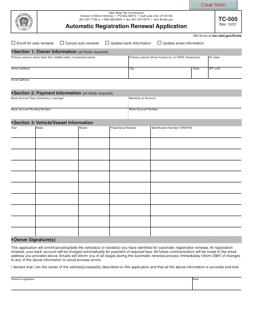 Form TC-505 Automatic Registration Renewal Application - Utah