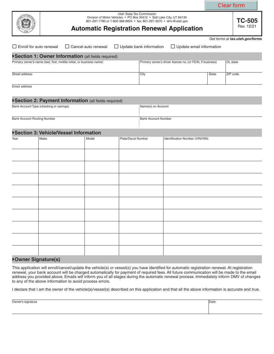 Form TC-505 Automatic Registration Renewal Application - Utah, Page 1