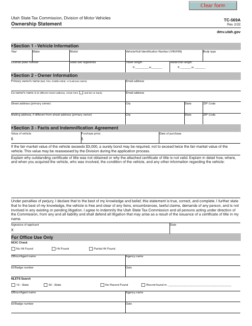 Form TC-569A Ownership Statement - Utah