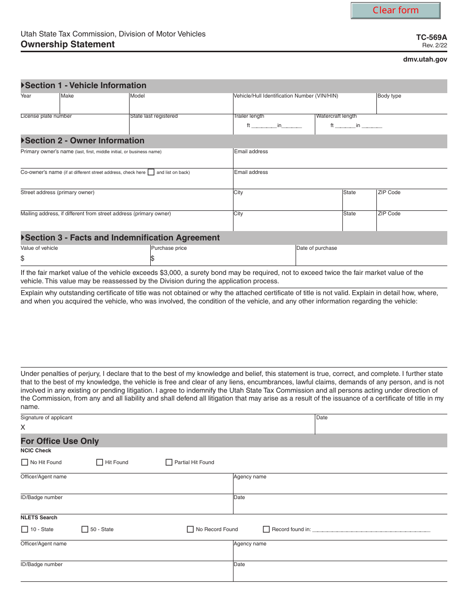 Form TC-569A Ownership Statement - Utah, Page 1