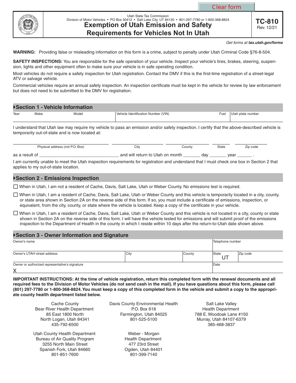 Form TC-810 Exemption of Utah Emission and Safety Requirements for Vehicles Not in Utah - Utah, Page 1