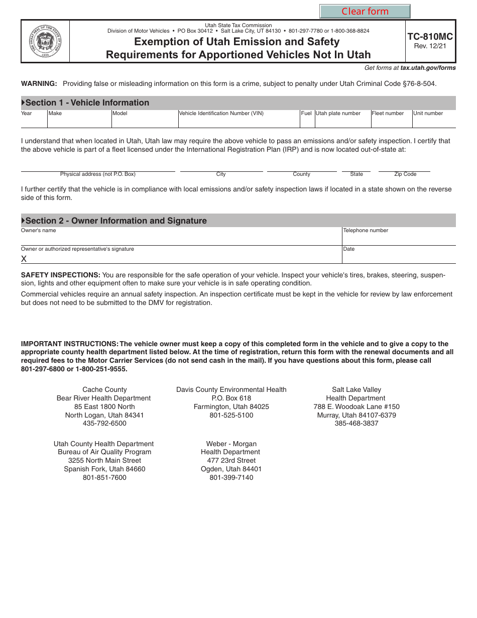Form TC-810MC Exemption of Utah Emission and Safety Requirements for Apportioned Vehicles Not in Utah - Utah, Page 1
