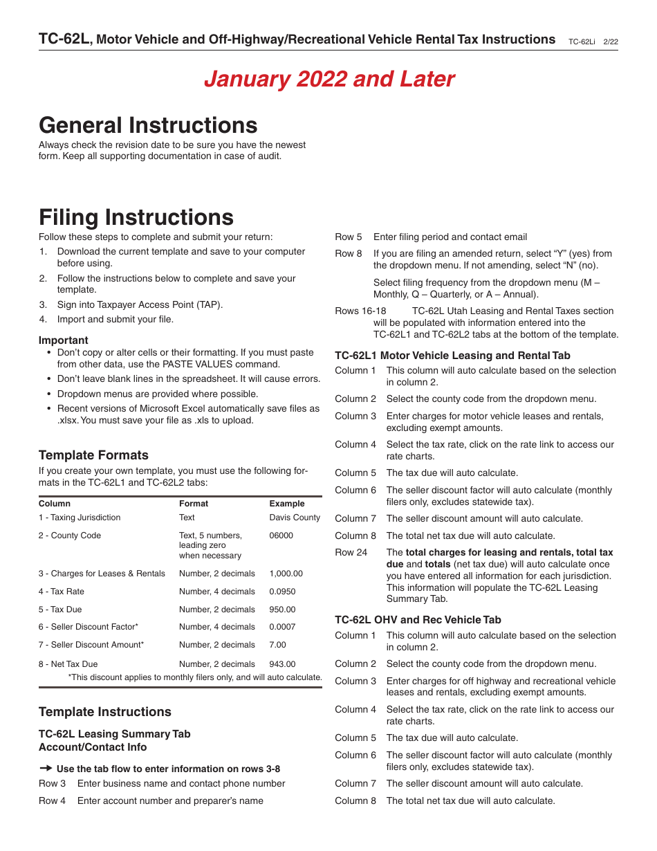 Instructions for Form TC-62L Motor Vehicle and Off-Highway / Recreational Vehicle Rental Tax - Utah, Page 1