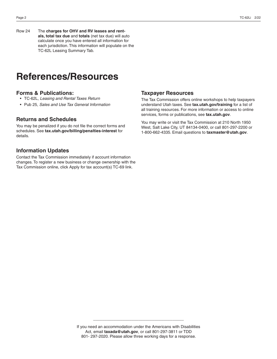 Instructions for Form TC-62L Motor Vehicle and Off-Highway / Recreational Vehicle Rental Tax - Utah, Page 2