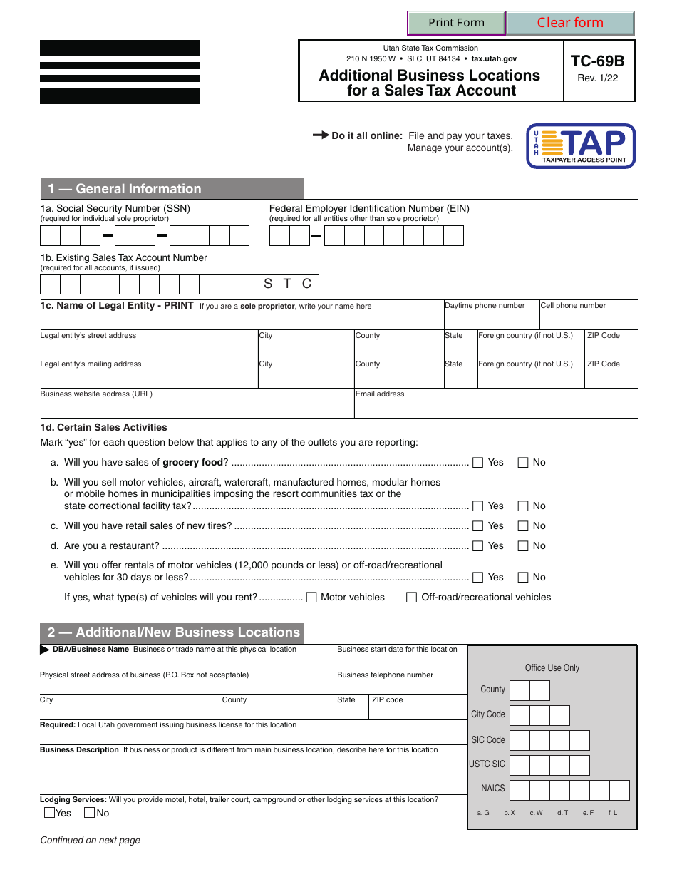 Form TC-69B Additional Business Locations for a Sales Tax Account - Utah, Page 1