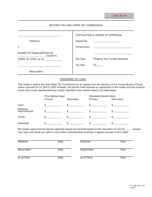 Form TC-104B Stipulation & Order of Approval - Utah