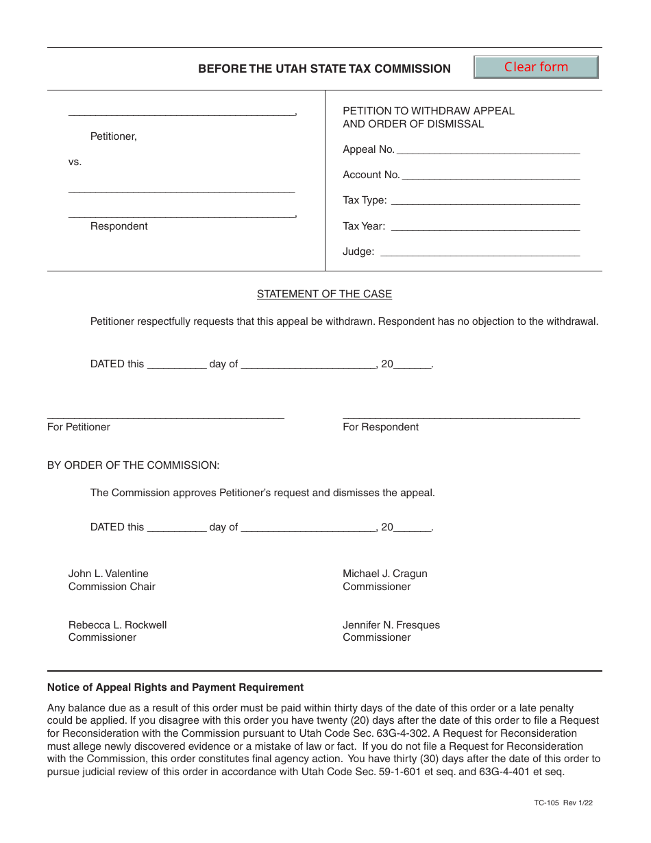 Form TC-105 Petition to Withdraw Appeal and Order of Dismissal - Utah, Page 1