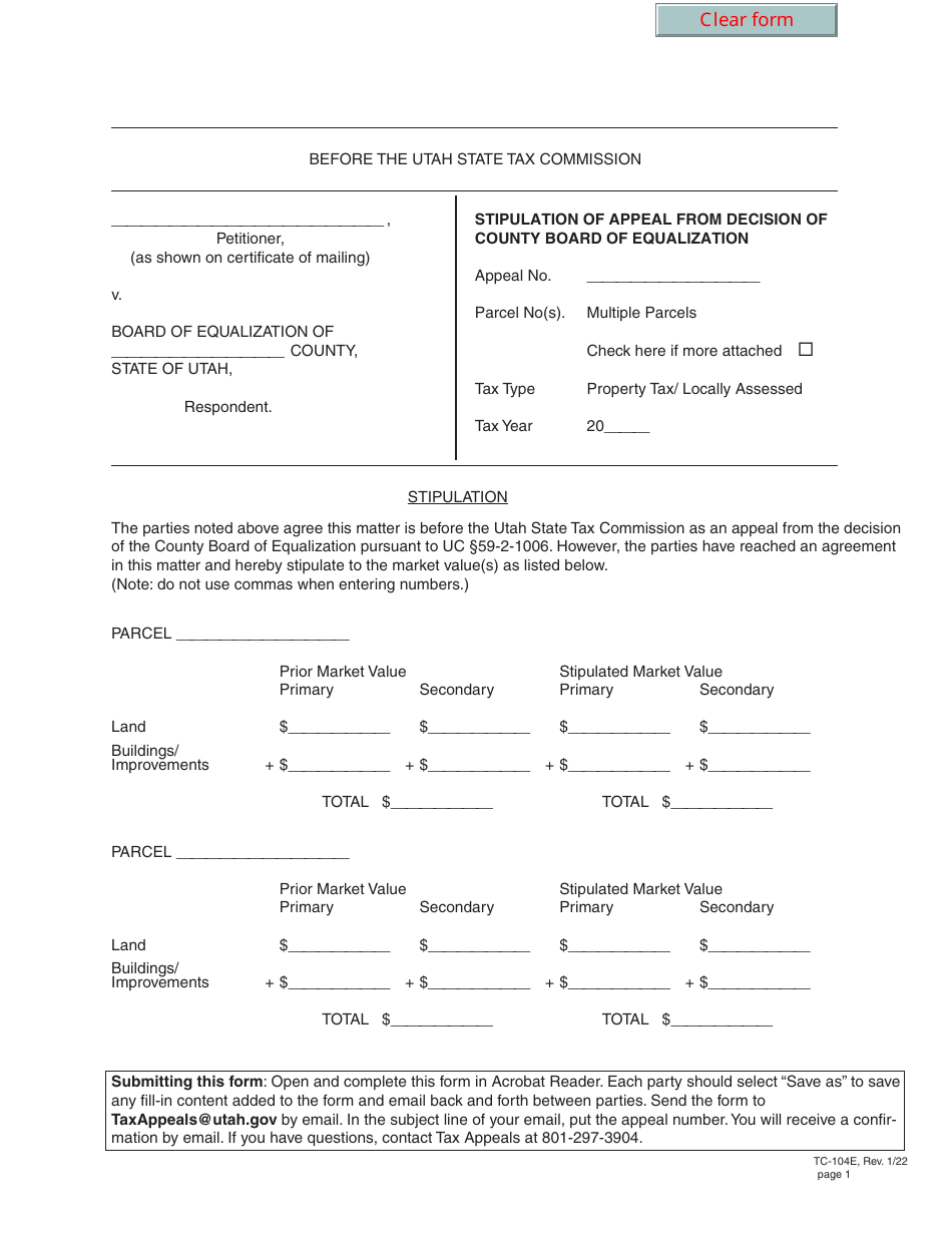Form TC-104E MULTIPLE Stipulation of Appeal From Decision of County Board of Equalization (For Multiple Parcels) - Utah, Page 1