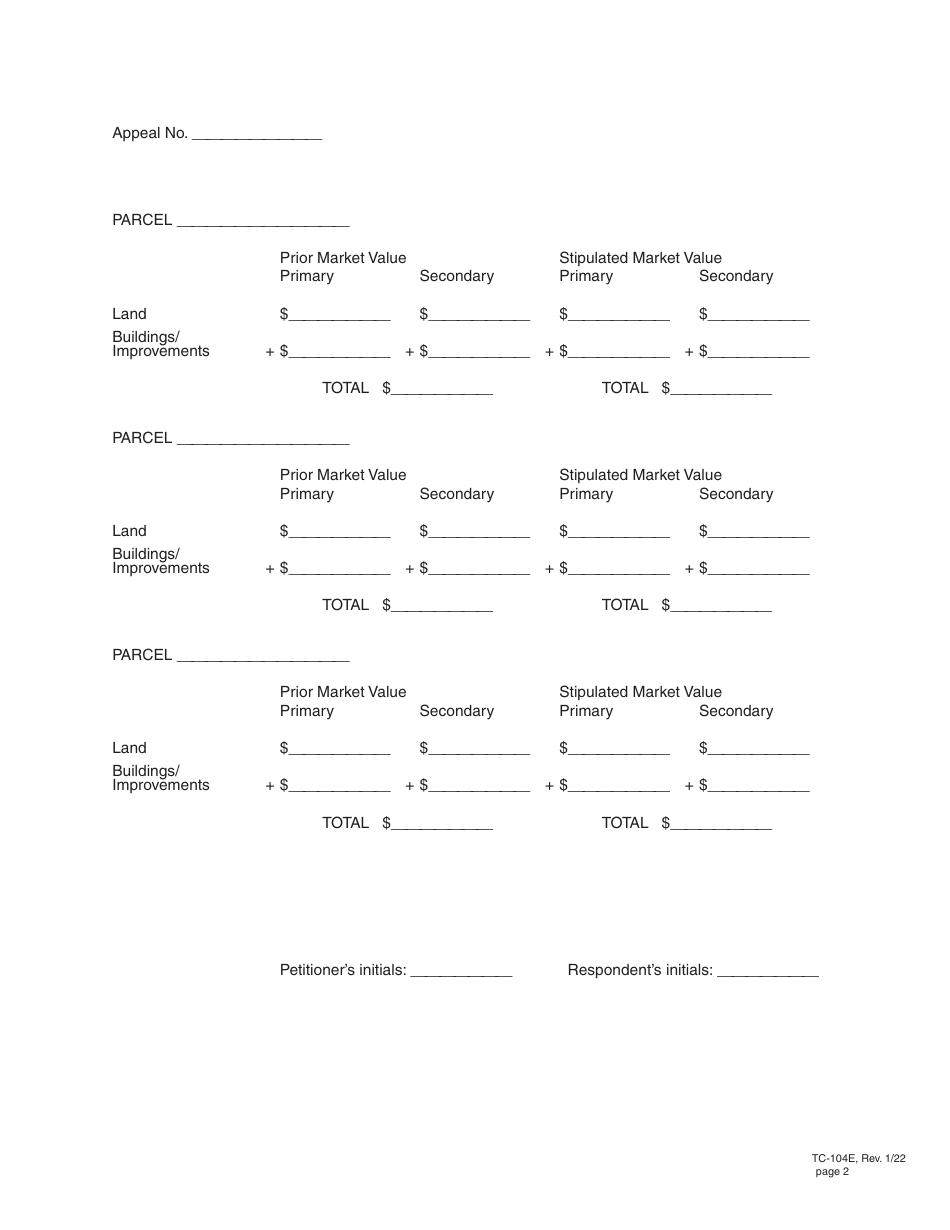 Form TC-104E MULTIPLE Stipulation of Appeal From Decision of County Board of Equalization (For Multiple Parcels) - Utah, Page 2