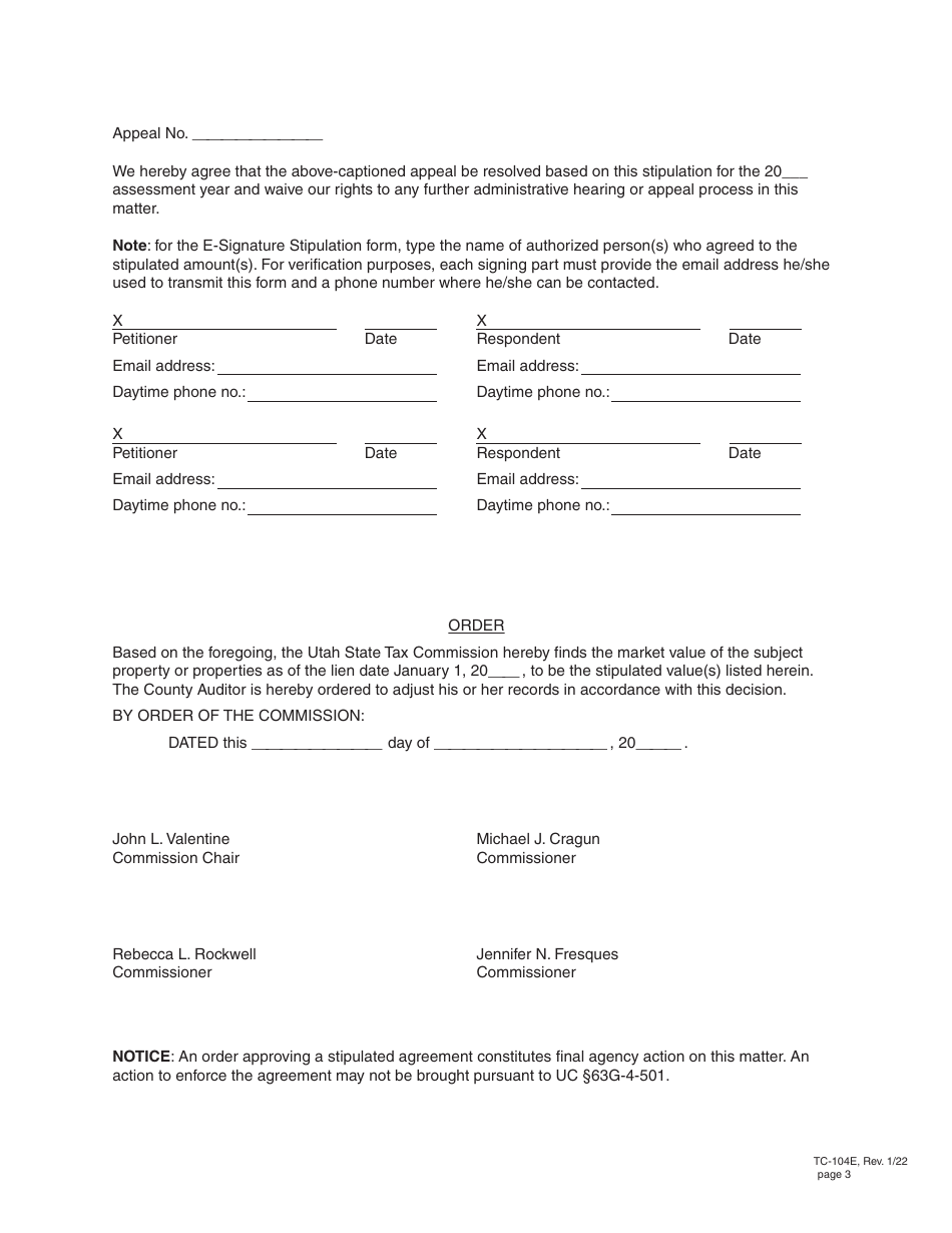 Form TC-104E MULTIPLE Stipulation of Appeal From Decision of County Board of Equalization (For Multiple Parcels) - Utah, Page 3