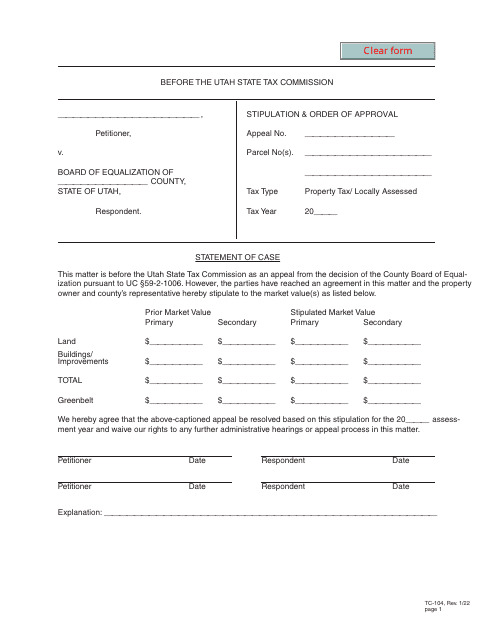 Form TC-104 Stipulation & Order of Approval - Utah