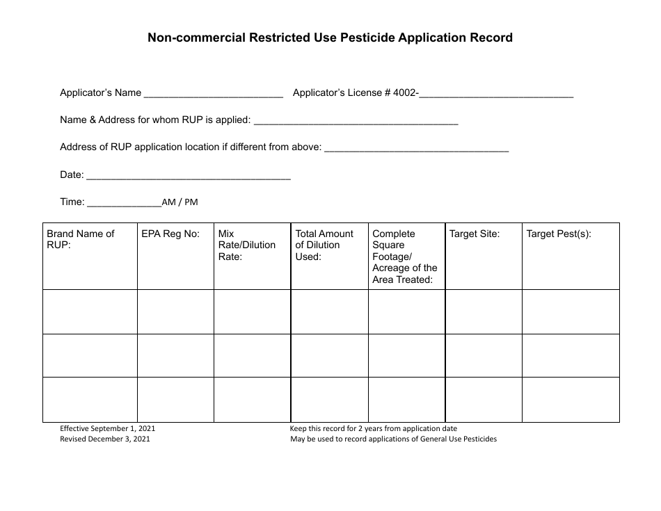 Non-commercial Restricted Use Pesticide Application Record - Utah, Page 1