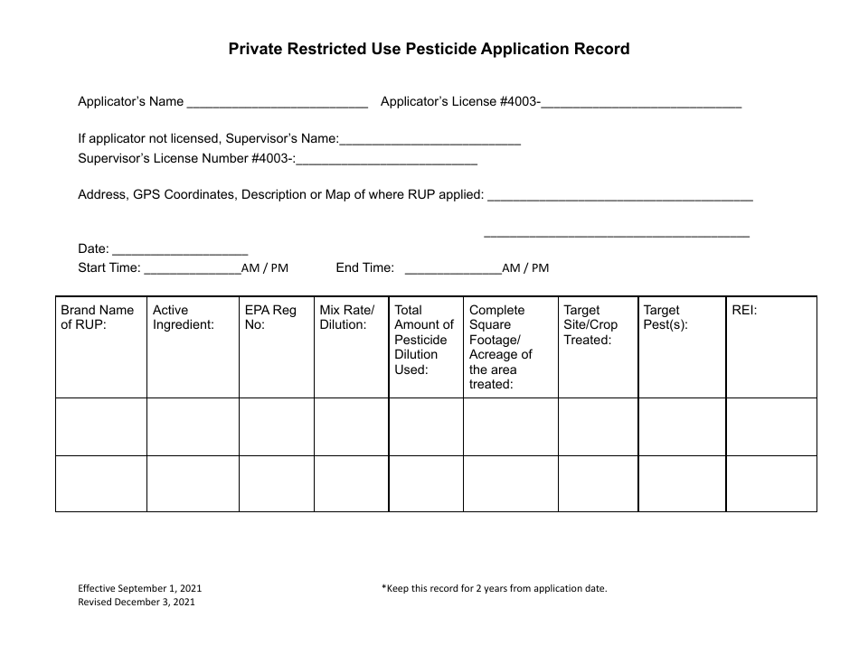 Private Restricted Use Pesticide Application Record - Utah, Page 1
