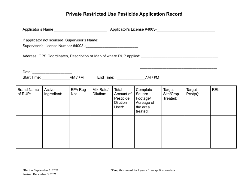 Private Restricted Use Pesticide Application Record - Utah