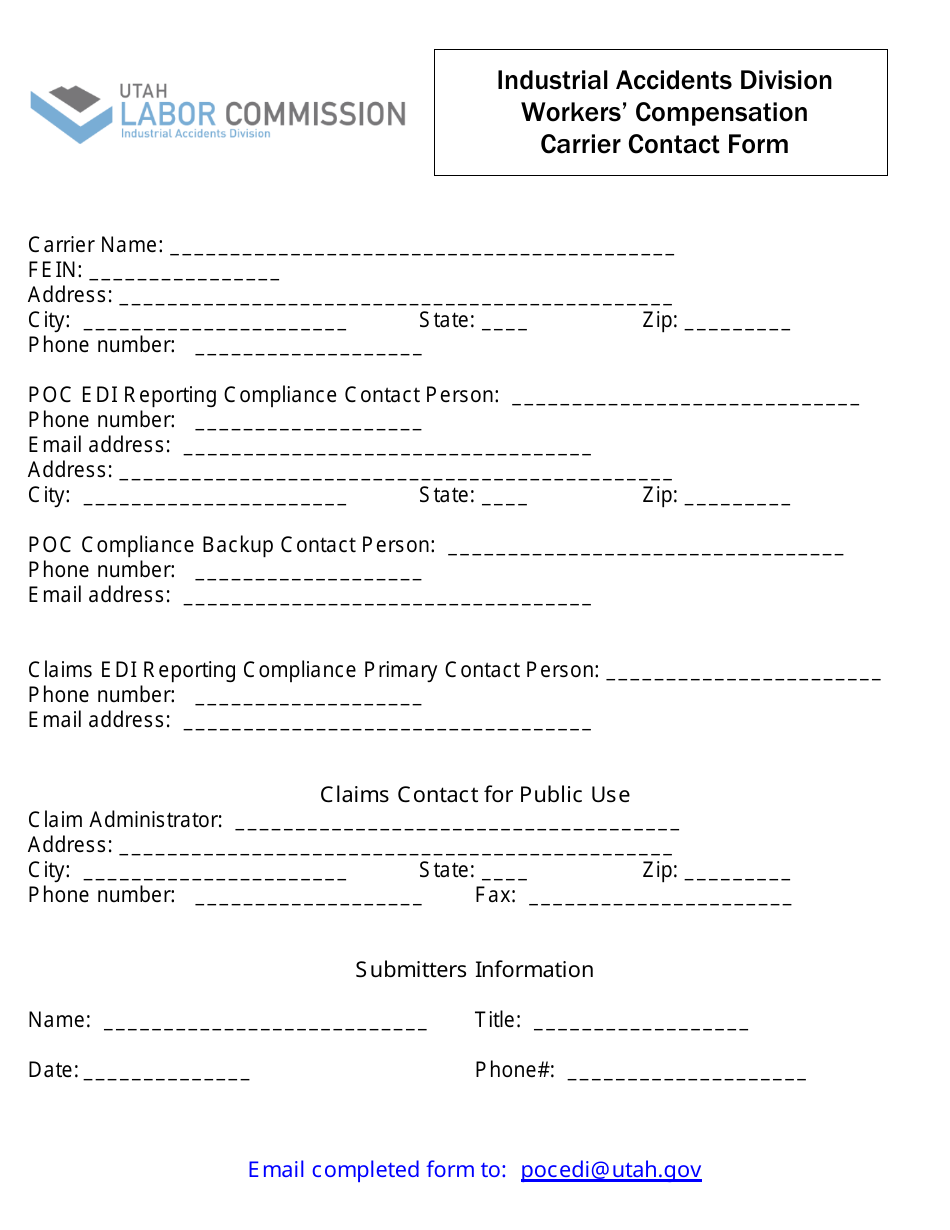 Workers Compensation Carrier Contact Form - Utah, Page 1