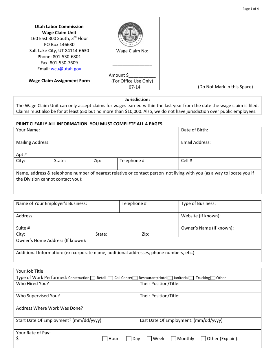 Wage Claim Assignment Form - Utah, Page 1