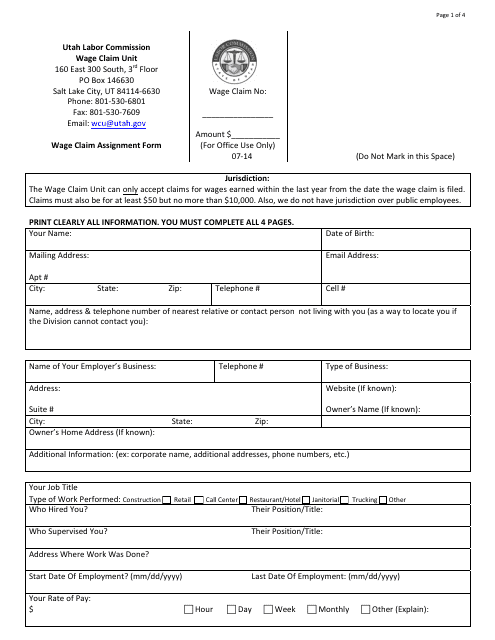 Wage Claim Assignment Form - Utah Download Pdf