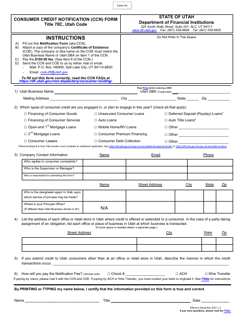 Consumer Credit Notification (Ccn) Form - Utah Download Pdf